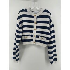 American Eagle Navy Striped Cropped Cardigan Women's Large Old Money Coastal